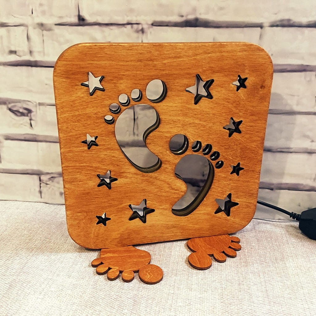 Laser Cut Wooden LED Night Light with Baby Footprint and Star Design