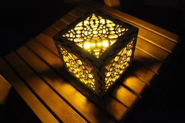 Laser Cut Wooden Box Desk Lamp with Geometric Fractal Cutouts