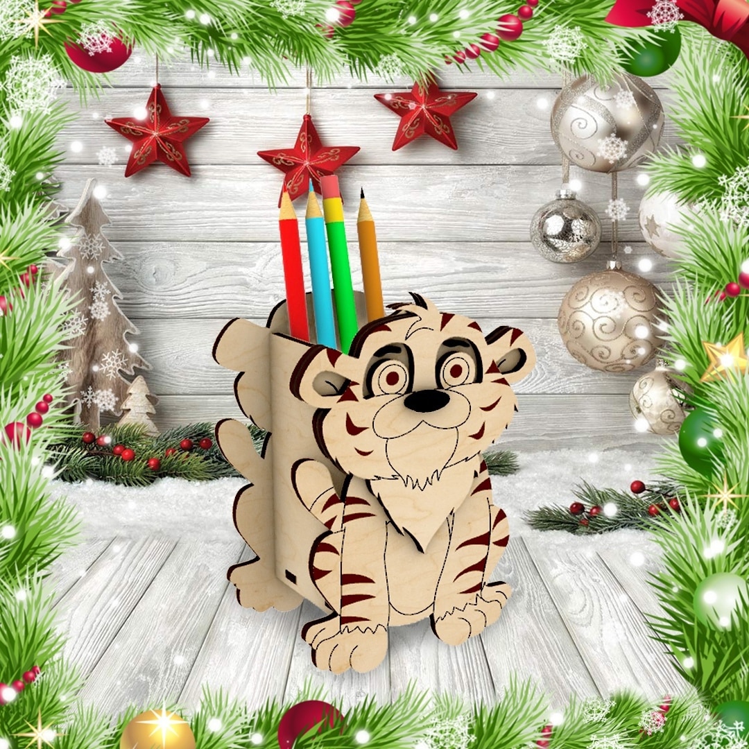 Tiger Pencil Holder for Table 3mm 4mm Laser Cut File