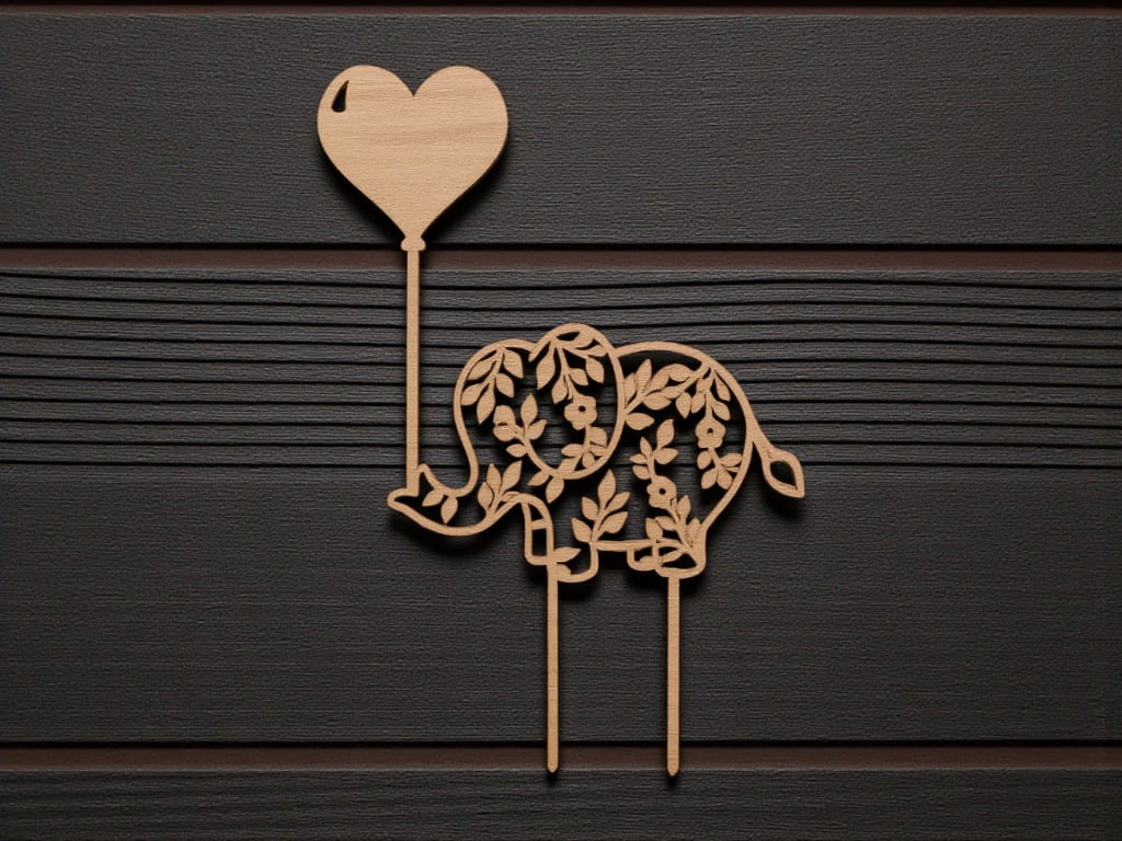Laser Cut Elephant Holding Heart Balloon Cake Topper