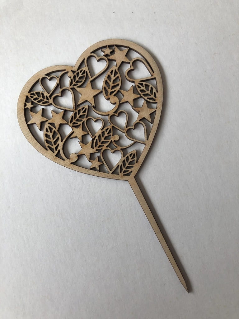 Laser Cut Heart Cake Topper with Leaves and Stars