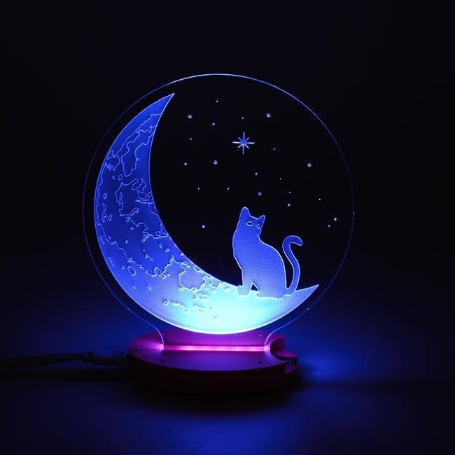 Laser Cut Cat On The Moon 3D Optical Illusion Lamp With Base