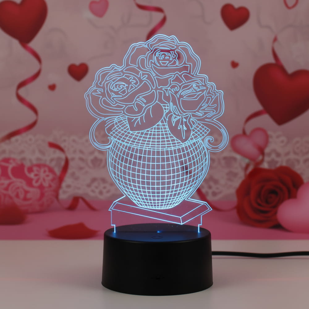 Laser Engraved Rose Flower Vase Acrylic LED Night Light
