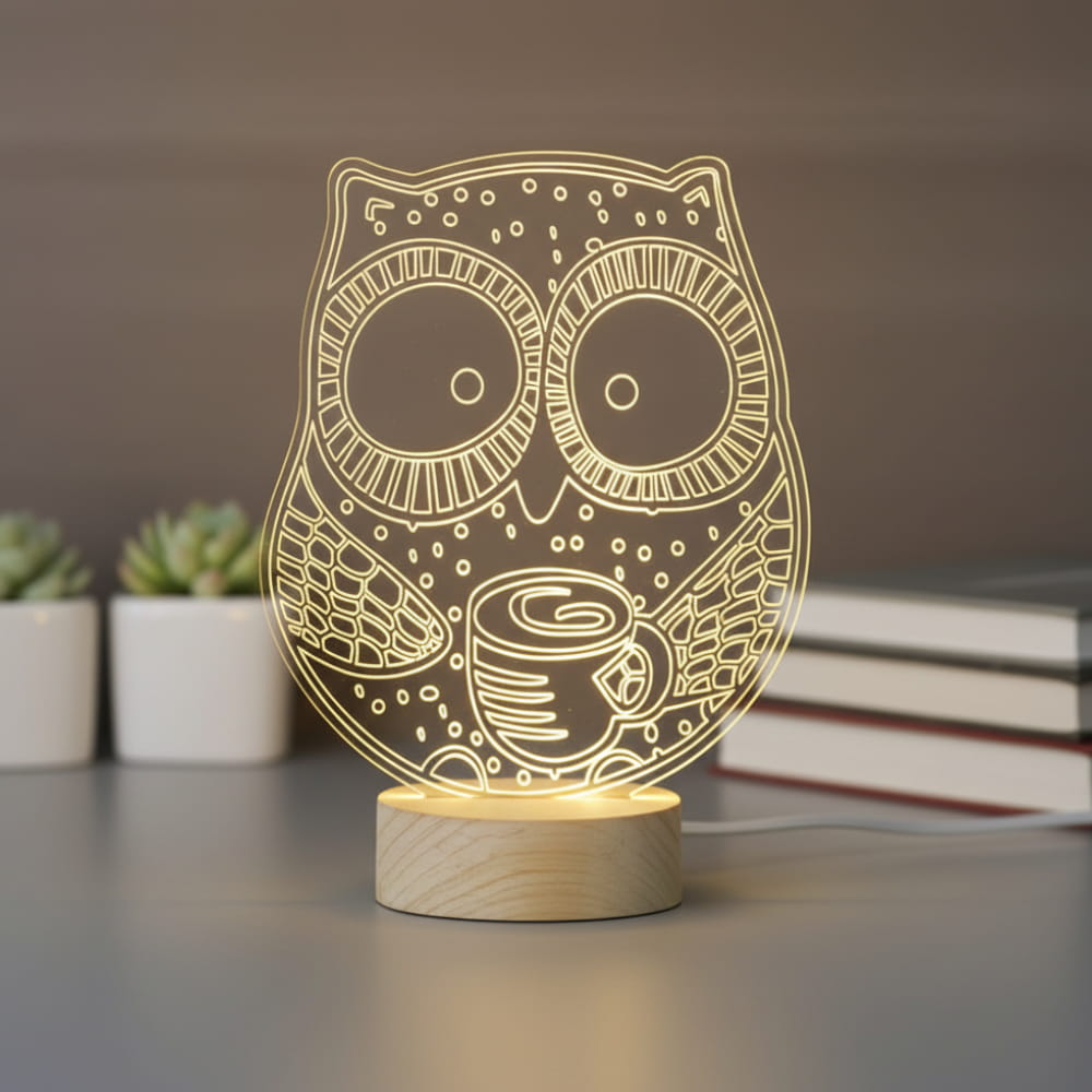 Laser Engraved Owl 3D Illusion Desk Lamp Acrylic Night Light