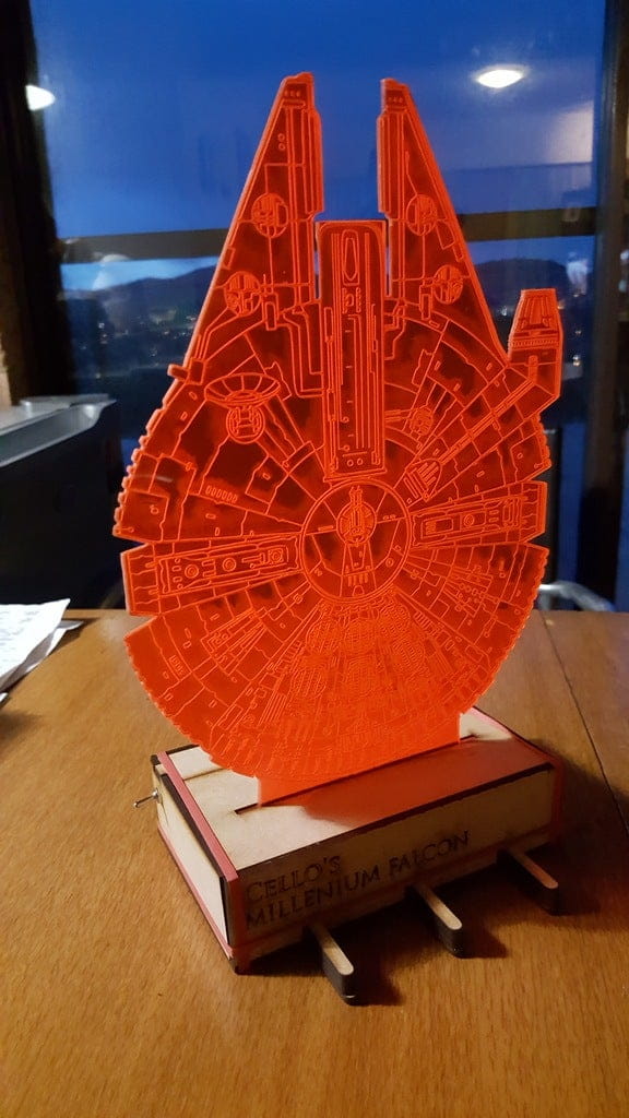 Laser Cut Millennium Falcon 3D illusion LED Lamp with Wooden Base