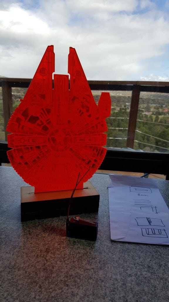Laser Cut Millennium Falcon 3D illusion LED Lamp with Wooden Base