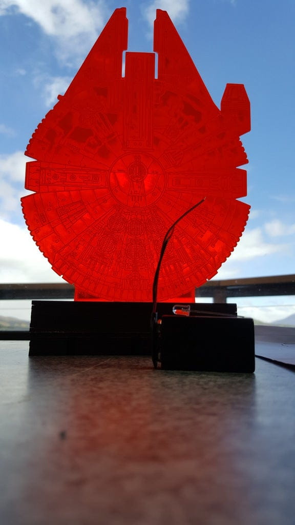 Laser Cut Millennium Falcon 3D illusion LED Lamp with Wooden Base
