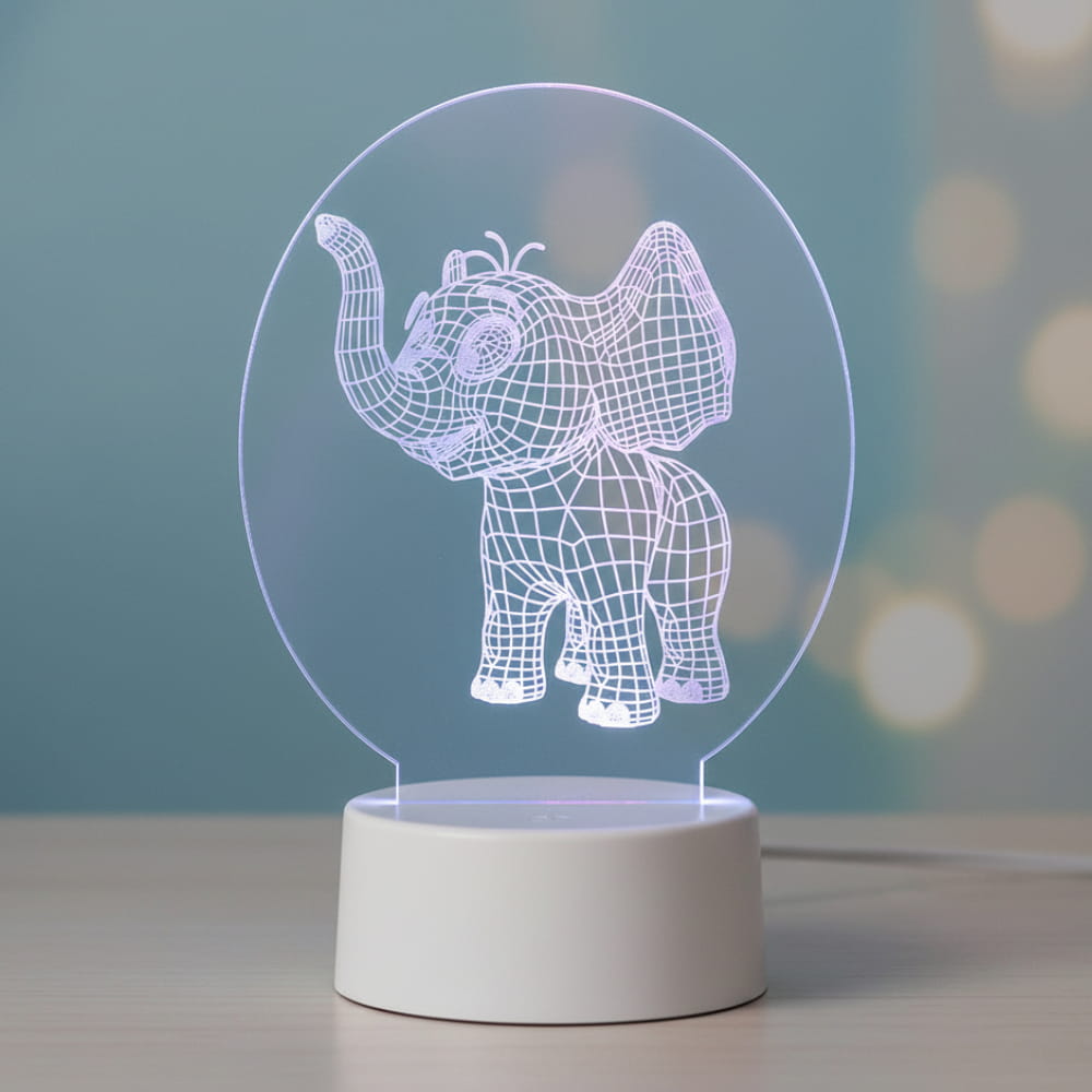 Laser Engraved Baby Elephant 3D Illusion Lamp