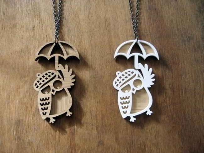 Owl Keychain with Umbrella Laser Cut Wooden Keyring