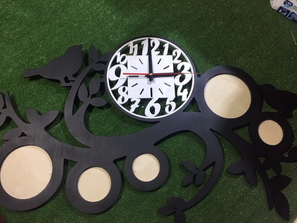 Laser Cut Wall Clock with Photo Frames | Bird and Tree Branch Design