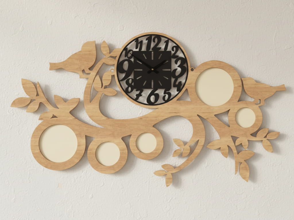 Laser Cut Wall Clock with Photo Frames | Bird and Tree Branch Design