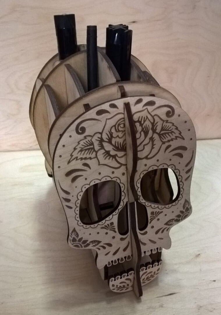 Wood Engraved Skull Pen Holder Desk Organizer Laser Cut File