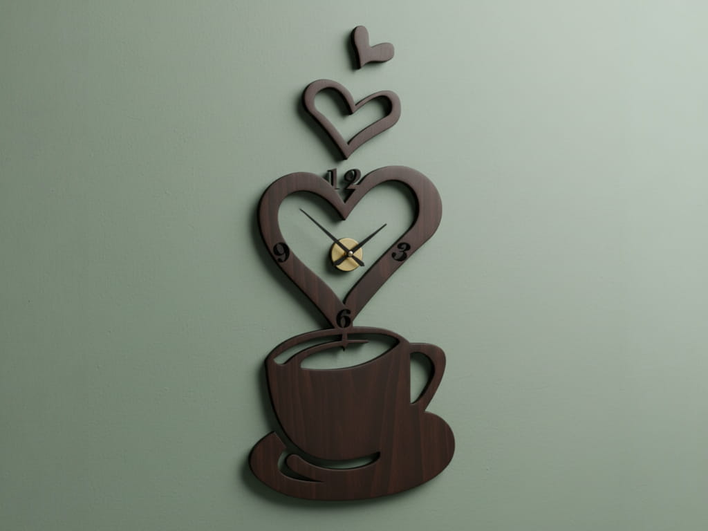 Laser Cut 3D Coffee Heart Wooden Wall Clock