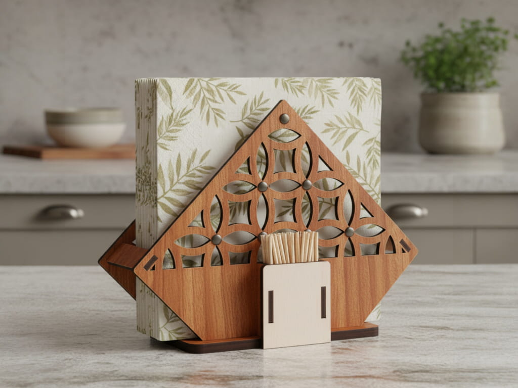 Laser Cut Wooden Napkin Holder with Toothpick Stand