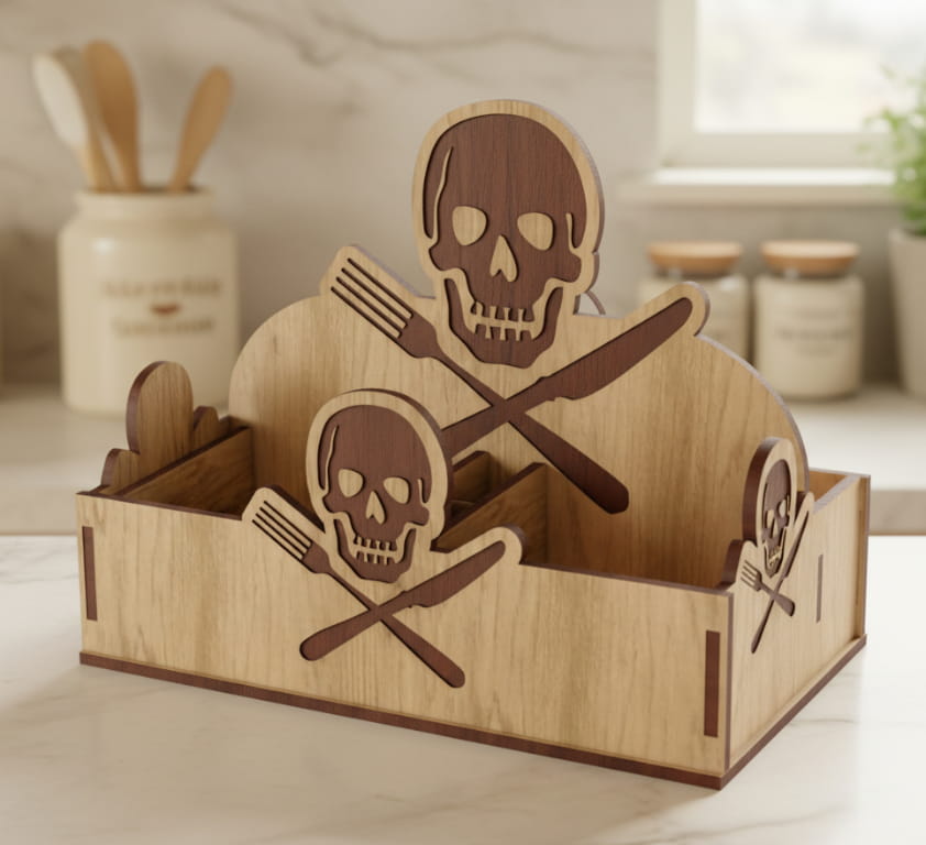 Laser Cut Pirate Themed Wooden Napkin and Cutlery Holder
