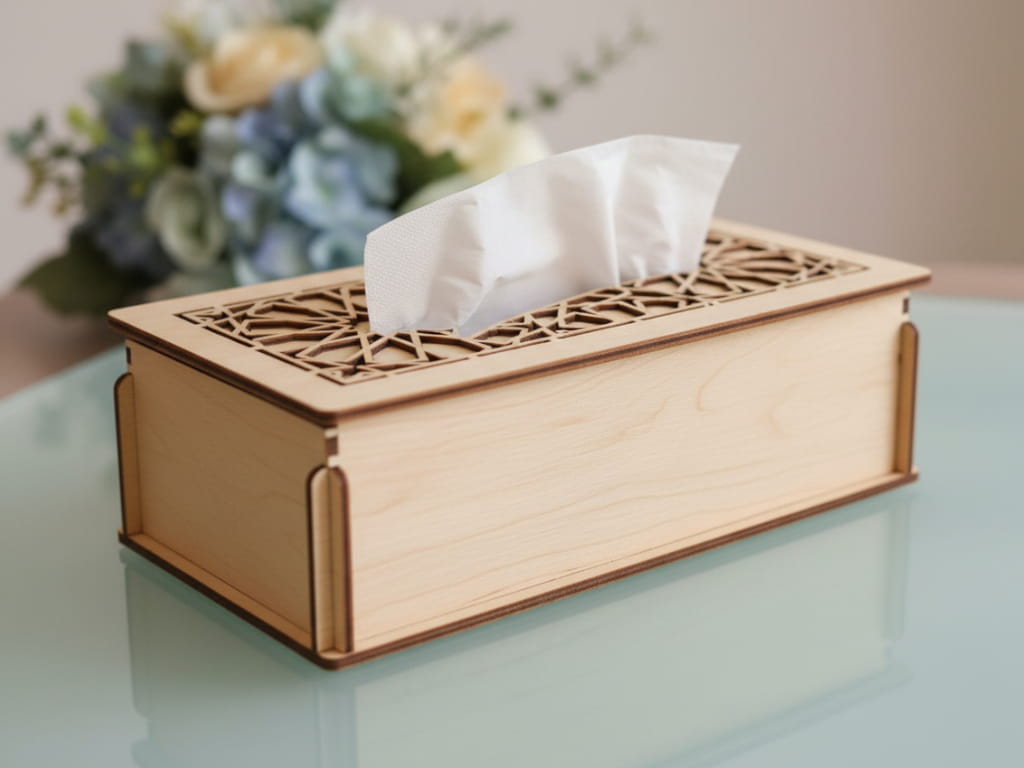 Laser Cut Wooden Tissue Box with Decorative Geometric Top