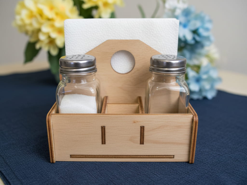 Laser Cut Napkin and Condiment Caddy, Salt Pepper and Toothpick Organizer
