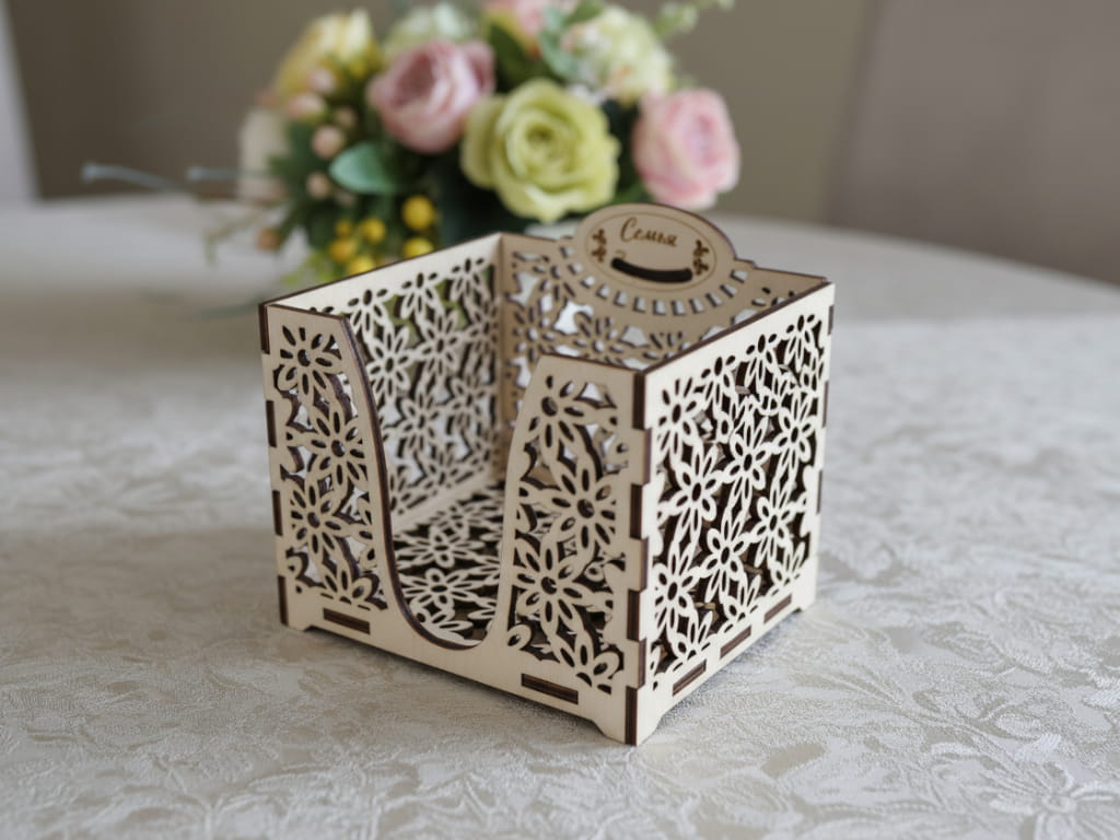 Laser Cut Wooden Napkin Holder with Floral Cutout Design