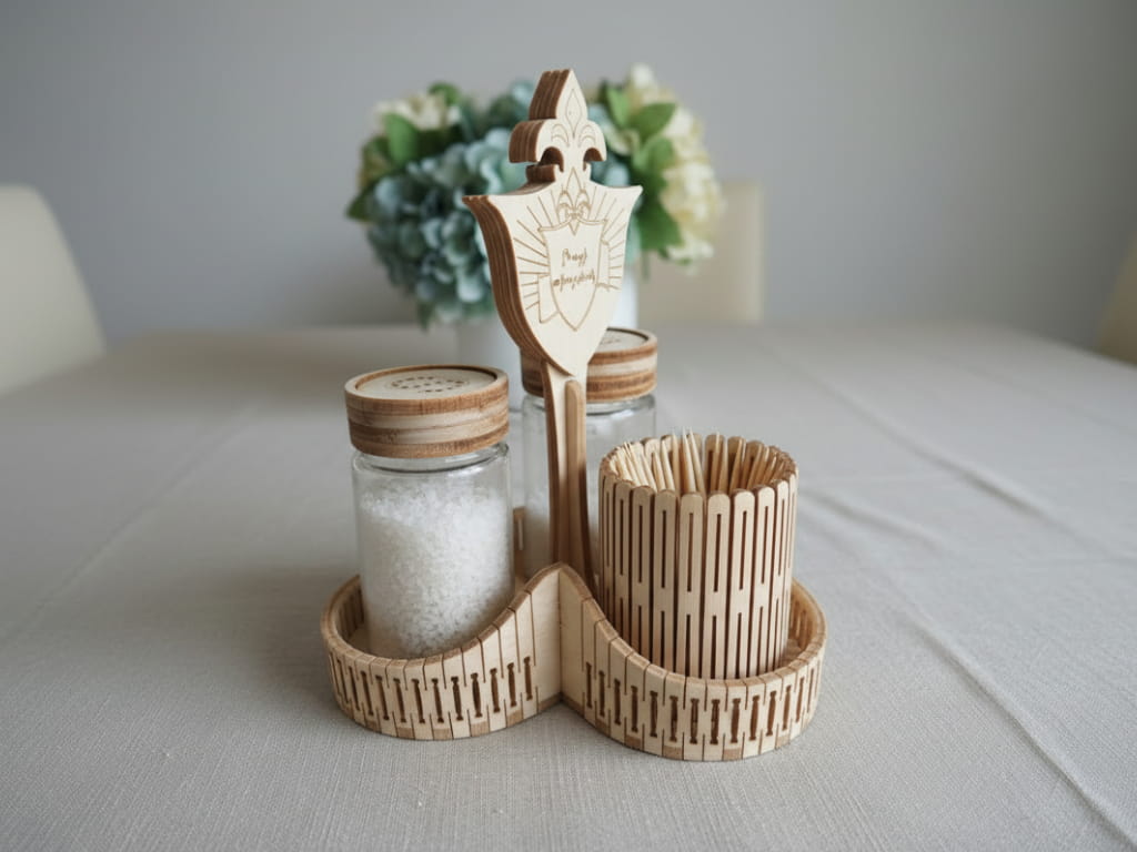 Laser Cut Wooden Salt Pepper and Toothpick Holder Set