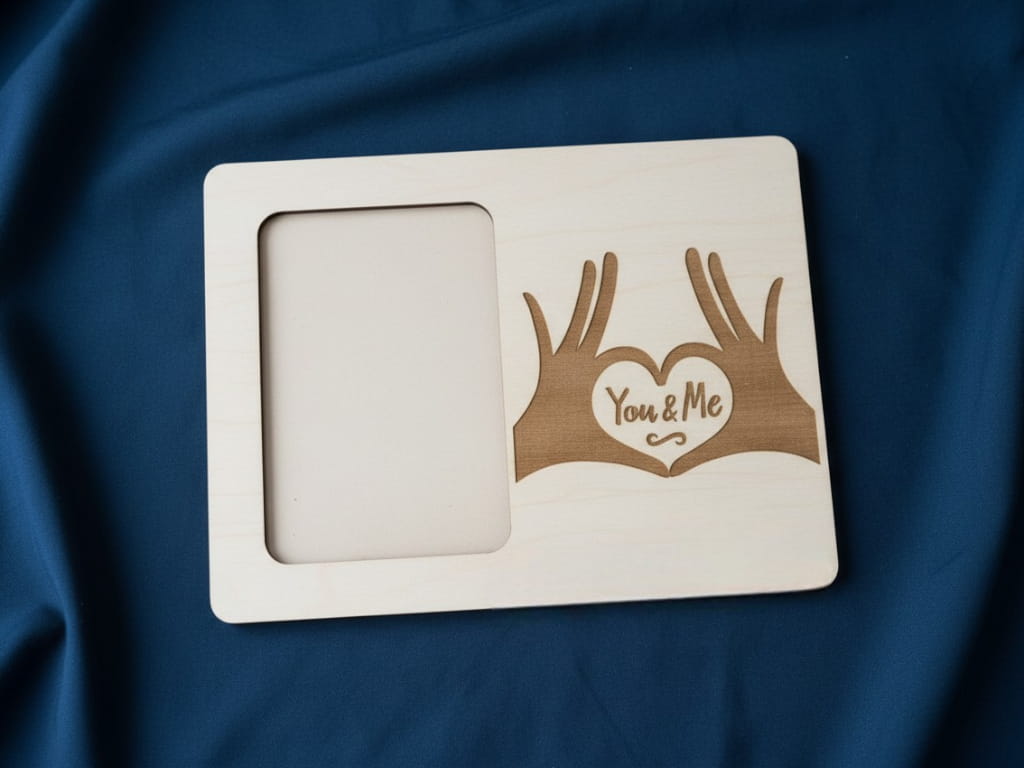 Laser Cut Wooden You and Me Photo Frame with Heart Hands Engraving