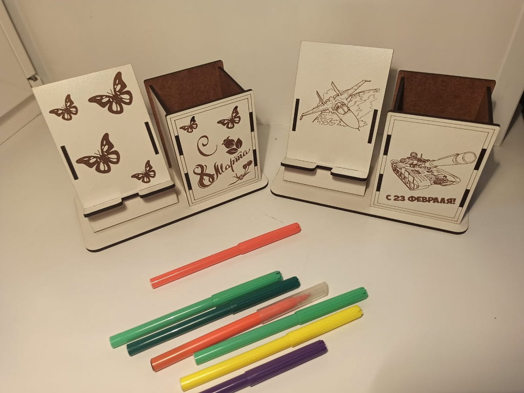 Laser Cut Wooden Phone and Pen Holder Desk Organizer
