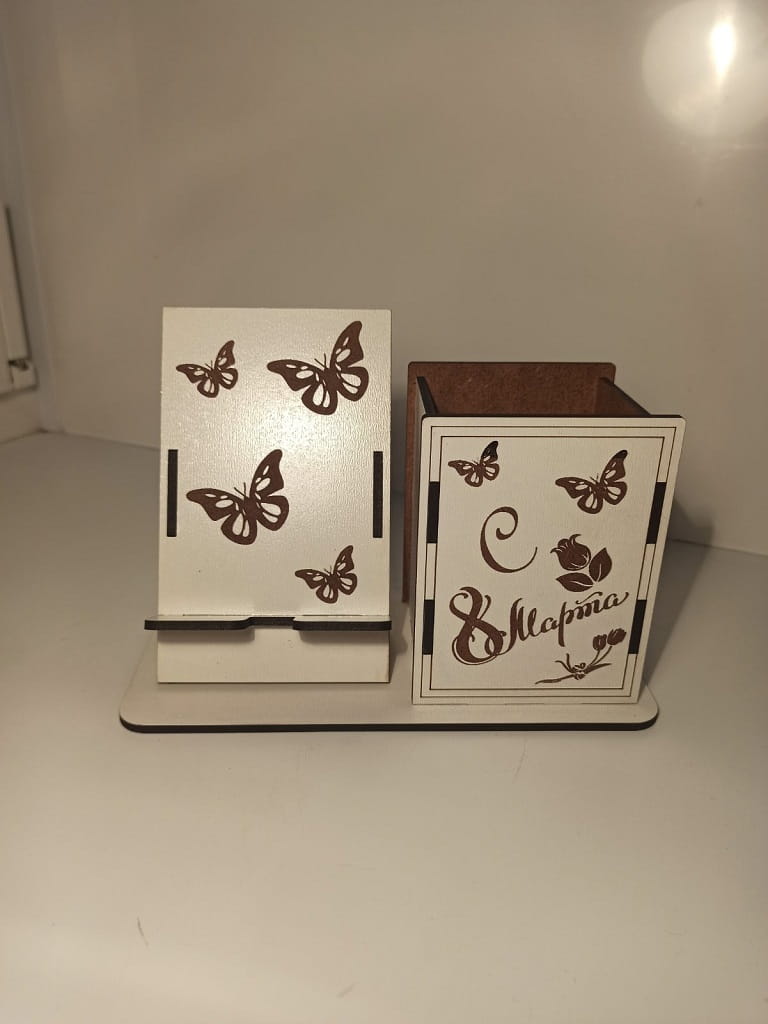 Laser Cut Wooden Phone and Pen Holder Desk Organizer