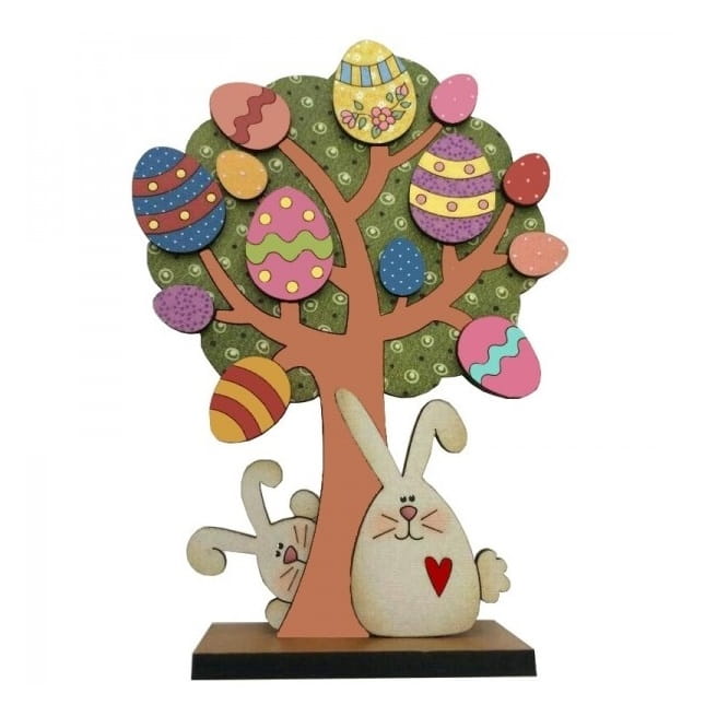 Laser Cut Wooden Easter Egg Tree with Bunnies for Decoration