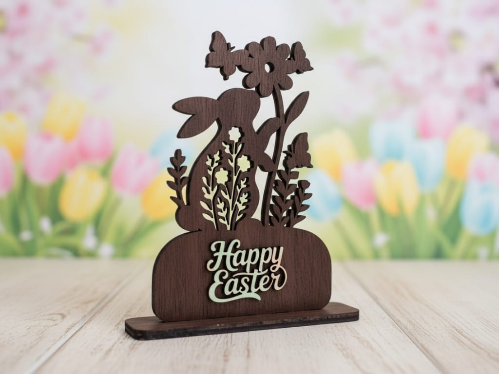 Laser Cut Wooden Floral Easter Bunny Tabletop Decoration