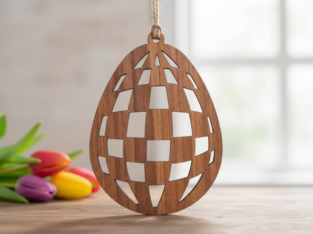 Laser Cut Wooden Easter Egg Ornament with Geometric Pattern