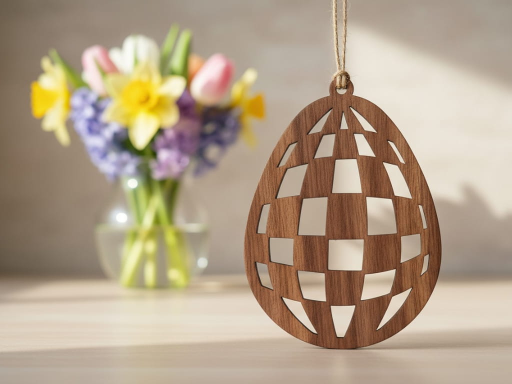 Laser Cut Wooden Easter Egg Ornament with Geometric Pattern