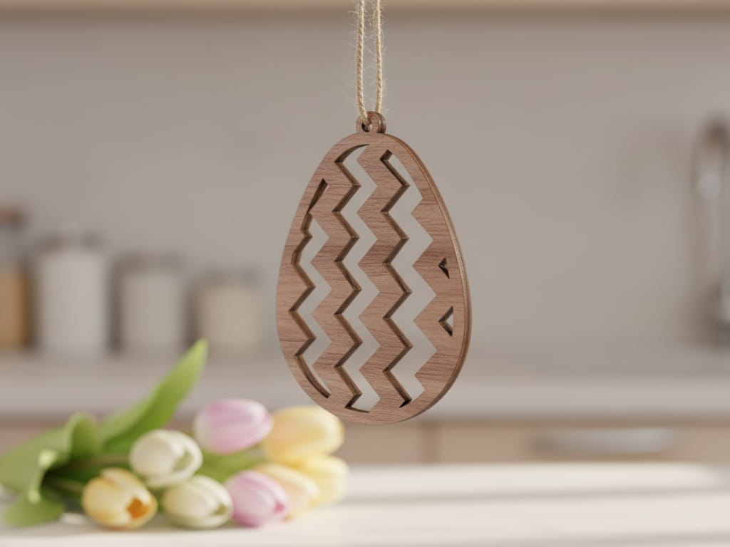 Laser Cut Wooden Easter Egg Ornament with Zigzag Pattern