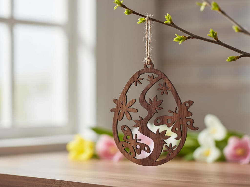 Laser Cut Easter Egg Ornament with Butterfly and Floral Pattern