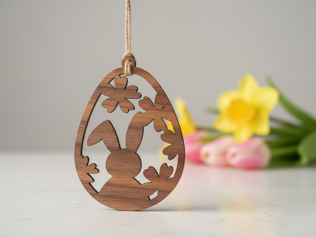 Laser Cut Wooden Easter Egg Ornament with Bunny and Flowers