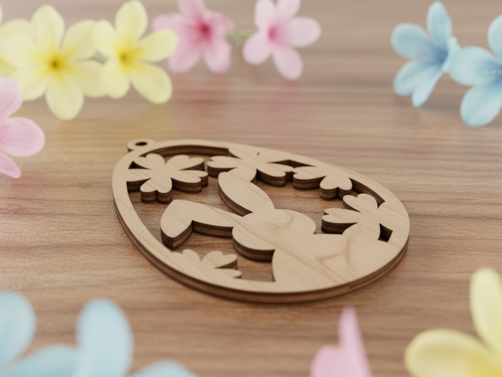 Laser Cut Wooden Easter Egg Ornament with Bunny and Flowers