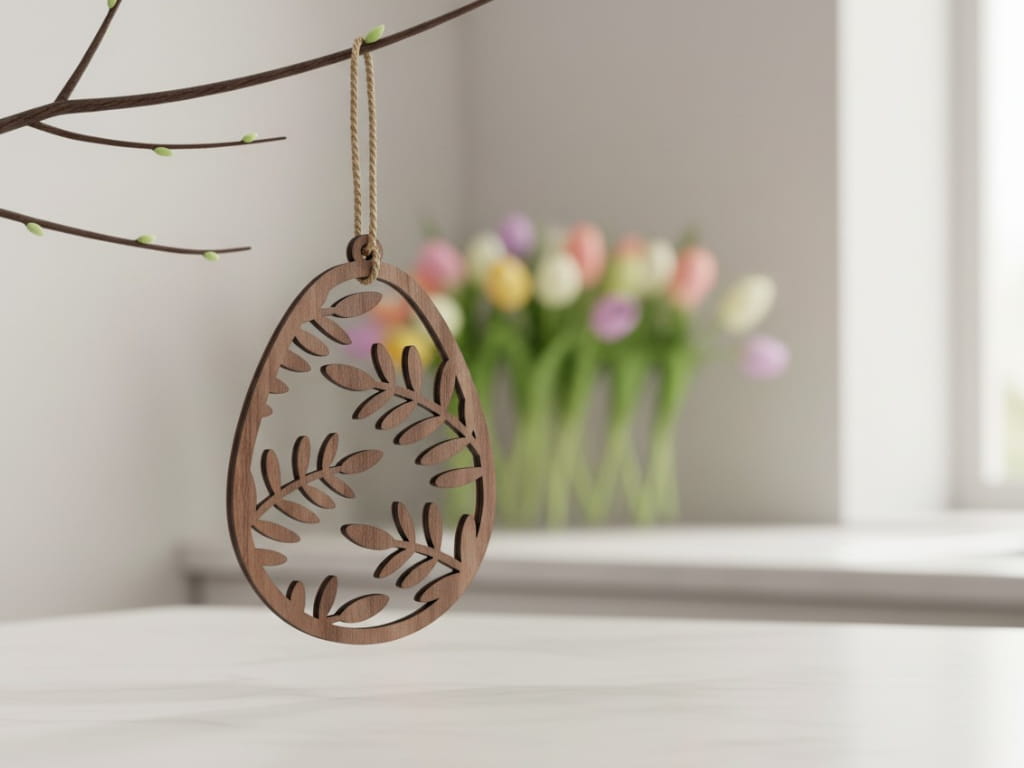 Laser Cut Wooden Sprig Leaves Easter Egg Ornament