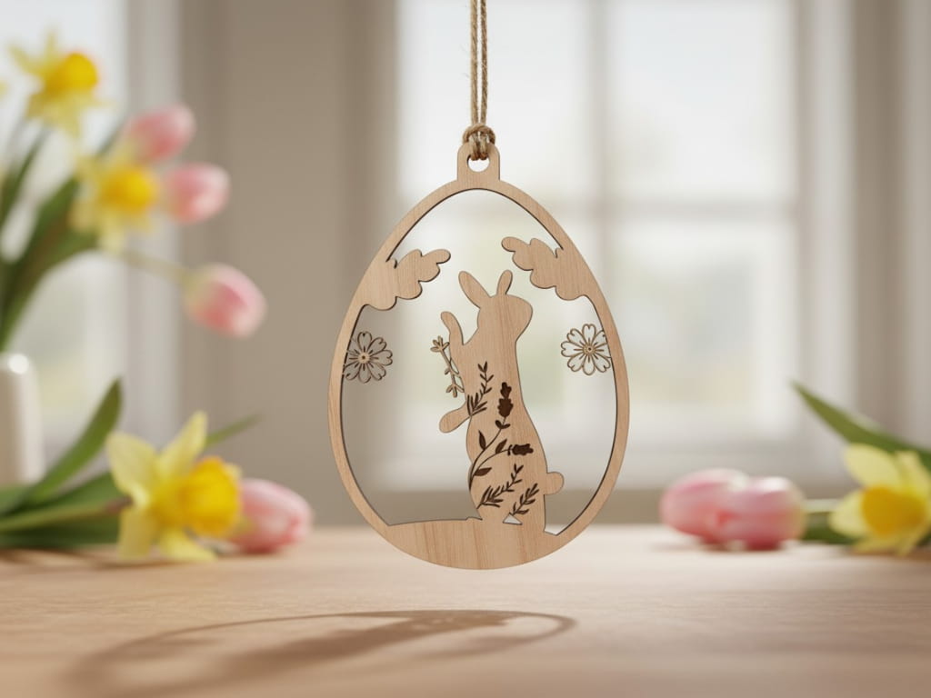 Laser Cut Wooden Easter Egg Bunny Ornament