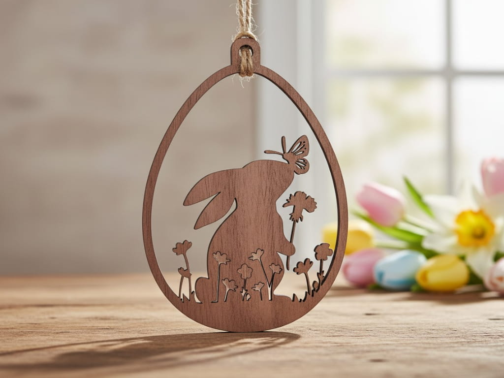 Laser Cut Wooden Easter Egg Ornament with Bunny and Butterfly
