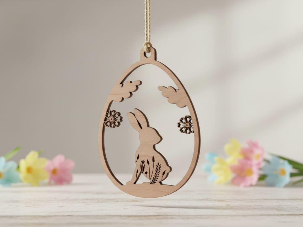 Laser Cut Wooden Easter Egg Ornament with Bunny and Floral Scene