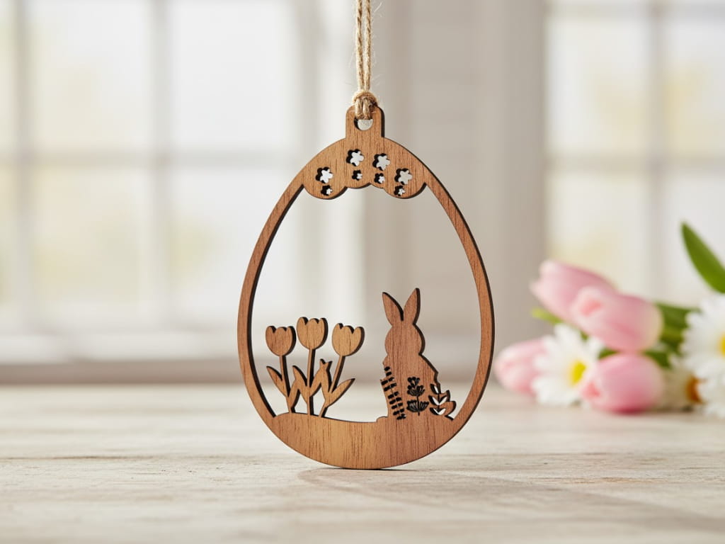 Laser Cut Wooden Easter Egg Ornament with Bunny and Tulip