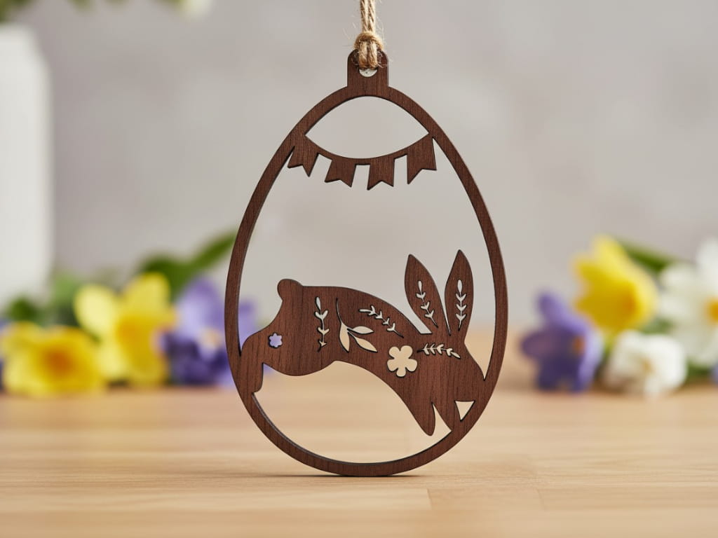 Laser Cut Floral Easter Bunny Wooden Ornament