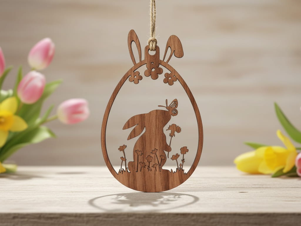 Laser Cut Bunny with Nature Scene Easter Egg Ornament