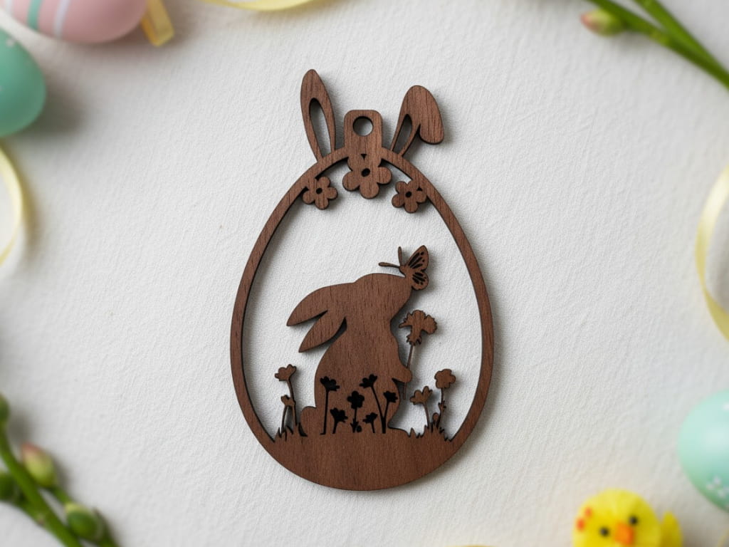 Laser Cut Bunny with Nature Scene Easter Egg Ornament