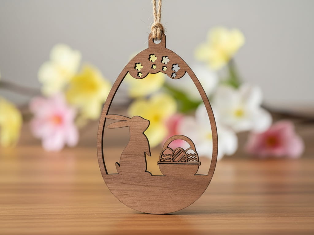 Laser Cut Easter Ornament with Bunny and Egg Basket