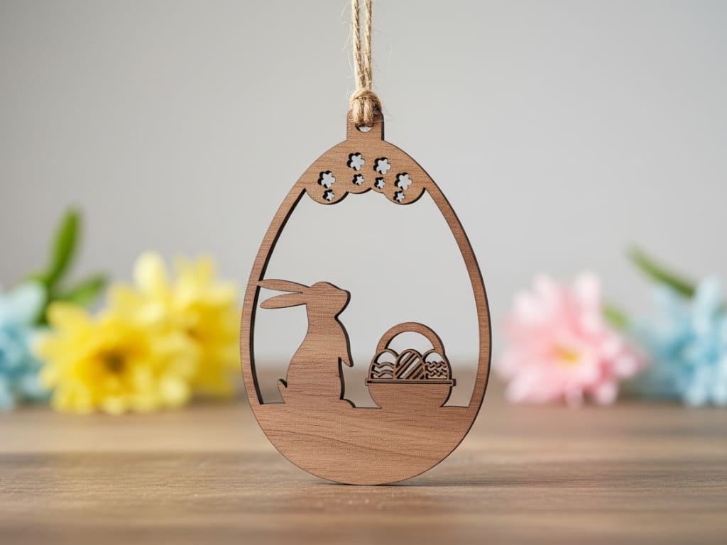 Laser Cut Easter Ornament with Bunny and Egg Basket