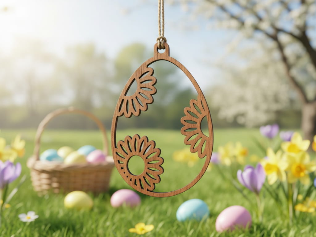 Laser Cut Wooden Floral Design Easter Egg Ornament