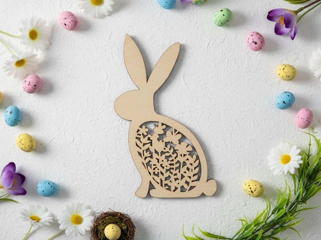 Laser Cut Easter Bunny Craft with Floral Cutout Design