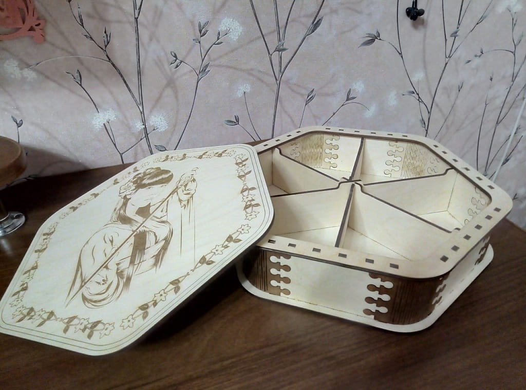 Laser Cut Hexagonal Wooden Box with 6 Compartments
