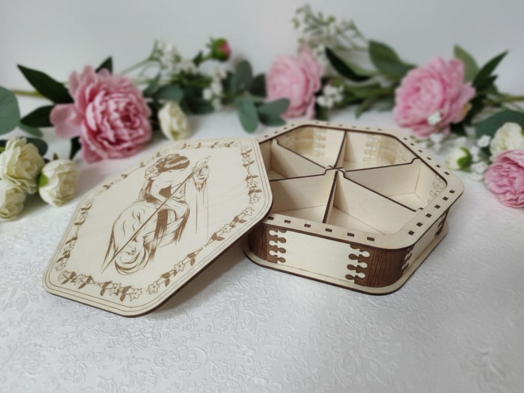 Laser Cut Hexagonal Wooden Box with 6 Compartments