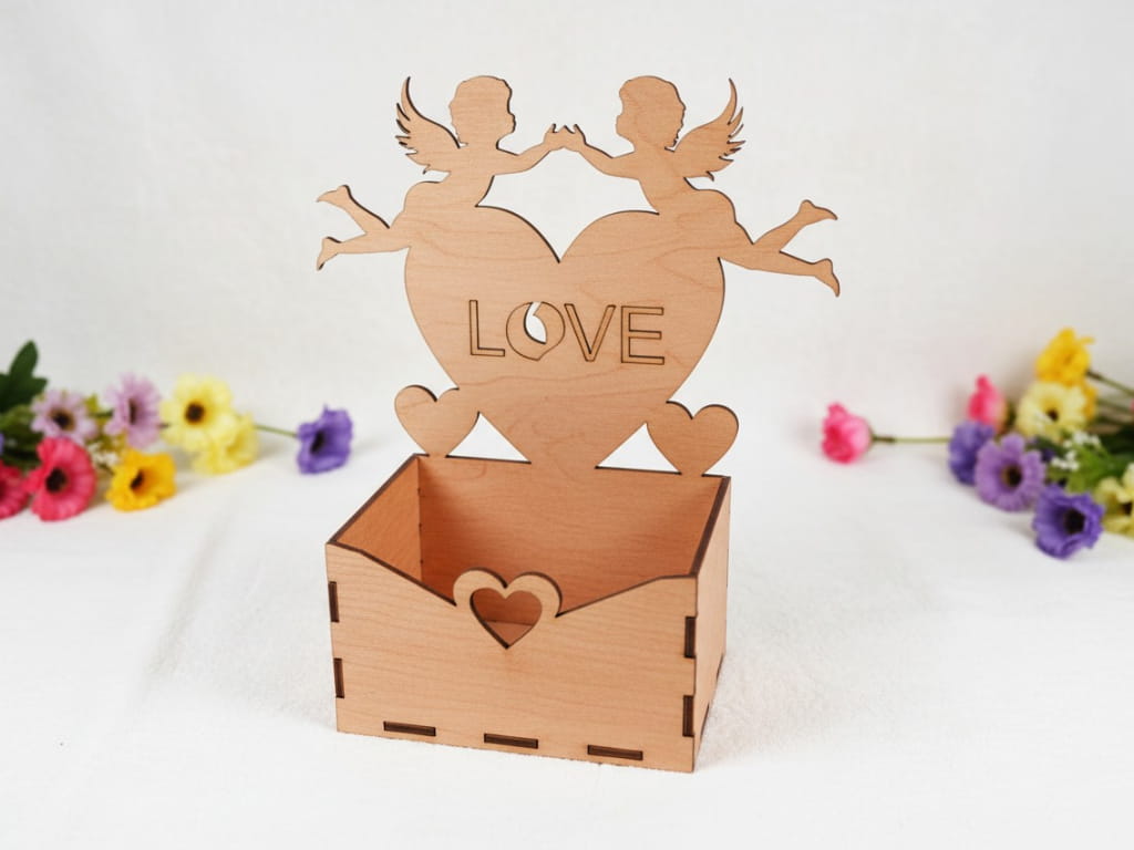 Laser Cut Wooden Love Box with Angel and Heart