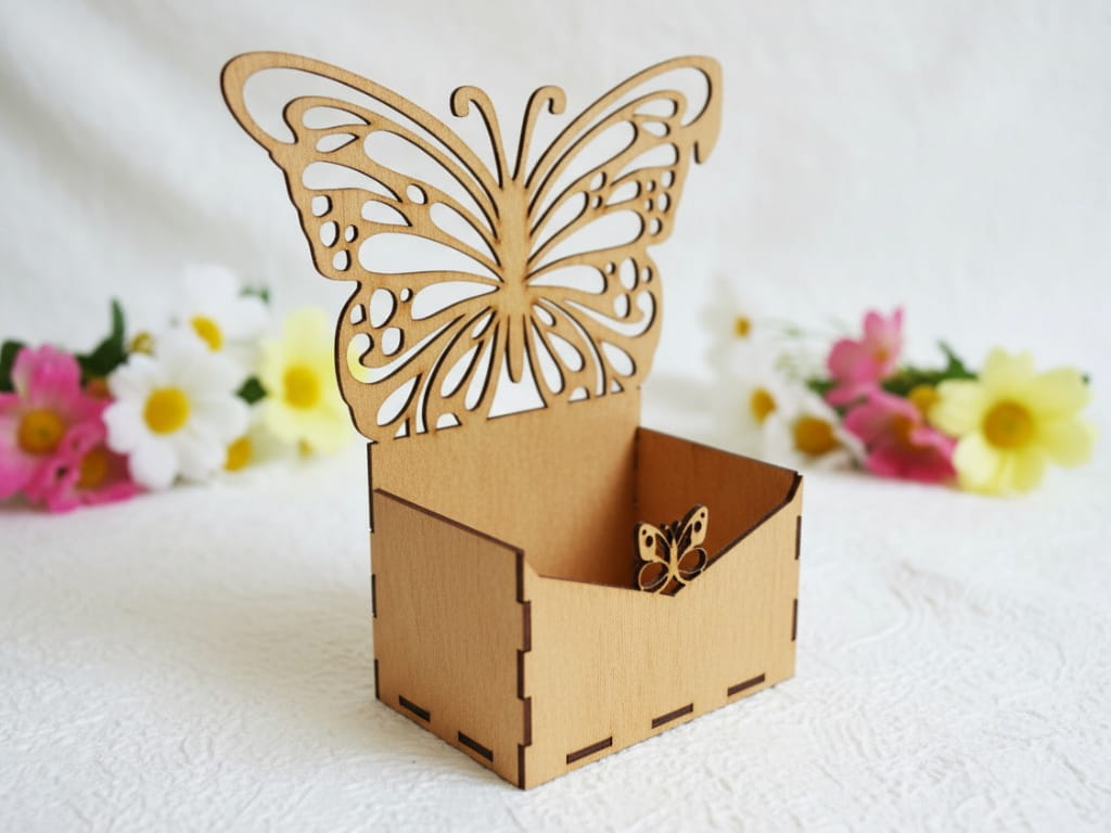 Laser Cut Wooden Butterfly Box Flower Basket